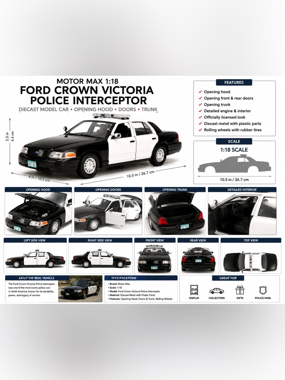 Motor Max 1:18 Ford Crown Victoria Police Interceptor Model Car Black & White 8+
